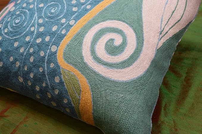 Klimt Blue Teal Modern Pillow Cover Blue - Soul | Mid Century Chair Cushions | Abstract Throw Pillows | Contemporary Pillowcase | Modern Couch Pillows | Hand Embroidered Cushion | Wool Size 18x18