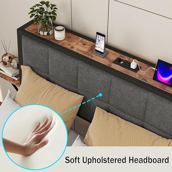 Full Size Metal Bed Frame with Ergonomic Upholstered Headboard and Charging Station, Platform Bed Frame with Storage Shelves, Heavy Duty Metal Slats, No Box Spring Needed, Brown+Grey