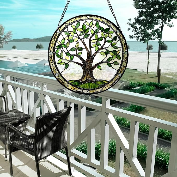 Stained Glass Window Hanging - Brown Tree Trunk Green Leaves Sun Catcher for Door Garden Home Decor Plant Suncatcher Christmas Mother's Day Birthday Gifts for Women Men Mom Nana 11.8 in