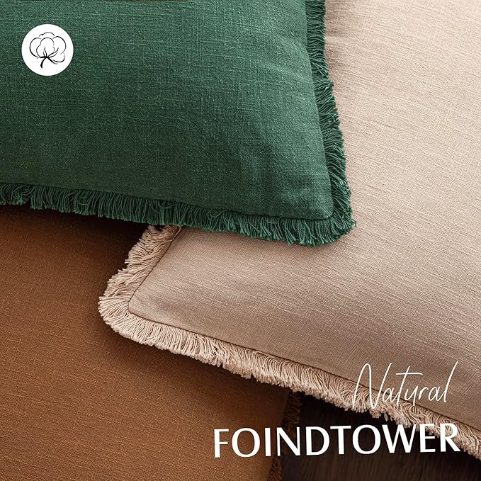 Foindtower Set of 2 Decorative Linen Fringe Throw Pillow Covers Cozy Boho Farmhouse Cushion Cover with Tassels Soft Accent Pillowcase for Couch Sofa Bed Living Room Home Decor, 18×18 Inch, Pine Green
