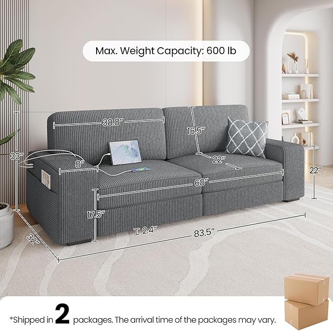 Yaheetech 83.5" W Modern Sofa Couch Corduroy Fabric Sofa with Detachable Cover, USB Charging Ports & Side Storage Pockets for Living Room Apartment, Dark Gray