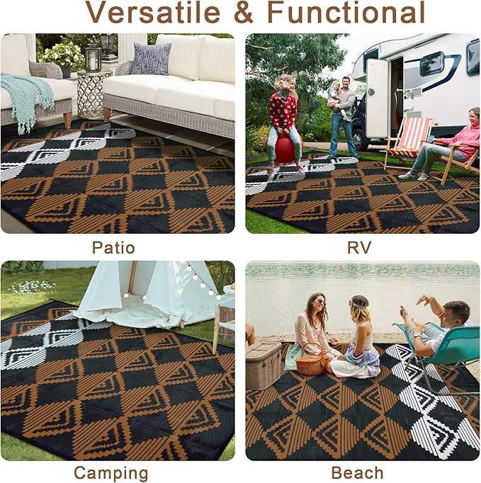 Beeiva Waterproof Outdoor Rug 9x12, Reversible Plastic Straw Outdoor Camping Rugs, Modern Geometric Foldable Patio Mat for Porch, Deck, Backyard, Balcony, Picnic - Black & Brown