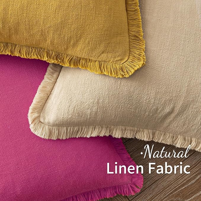 MIULEE Decorative Throw Pillow Covers Neutral Linen Fringe Throw Pillows Euro Shams Set of 2 Hot Pink Boho Farmhouse Cushion Covers for Couch Sofa Bed Living Room Spring Home Decor 22x22 Inch