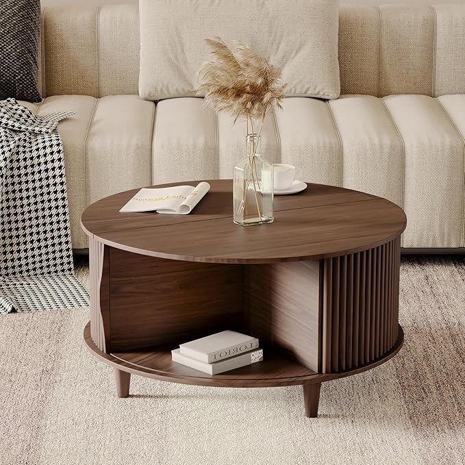 Round Coffee Table with Storage,Fluted Center Table with Sliding Cabinet Door for Living Room,Home Small Space,31.5" Small Center Table,Walnut
