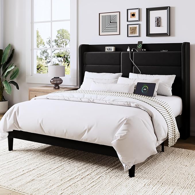 Allewie Full Size Platform Bed Frame with Charging Station & Storage Headboard, Upholstered Velvet Wingback Design & USB Port, Strong Wooden Slats Support, No Box Spring Needed, Easy Assembly, Black
