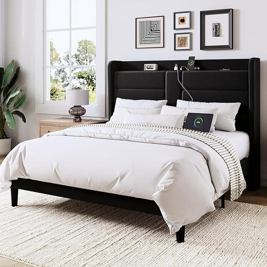Allewie Full Size Platform Bed Frame with Charging Station & Storage Headboard, Upholstered Velvet Wingback Design & USB Port, Strong Wooden Slats Support, No Box Spring Needed, Easy Assembly, Black