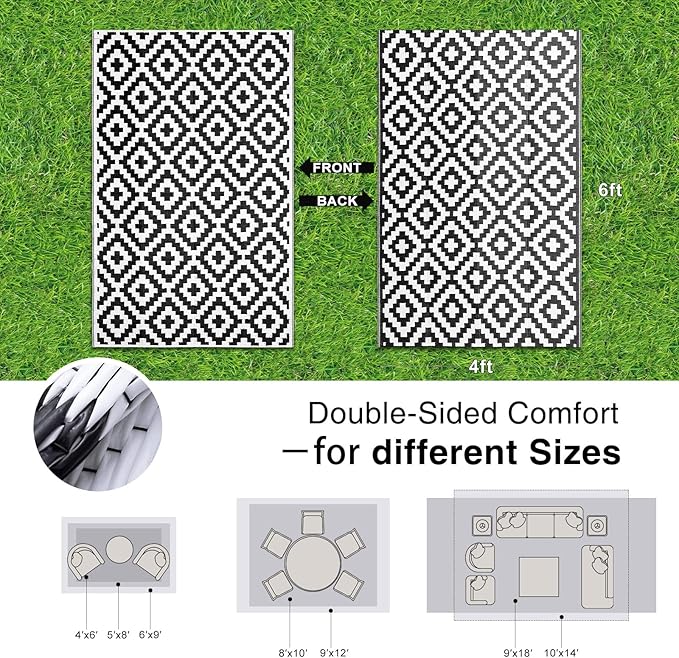 OLANLY Waterproof Outdoor Rug 4x6 ft, Outdoor Plastic Straw Rug for Camping, RV Mat Outside, Indoor Outdoor Carpet for Porch, Deck, Backyard, Balcony, Picnic, Black & White