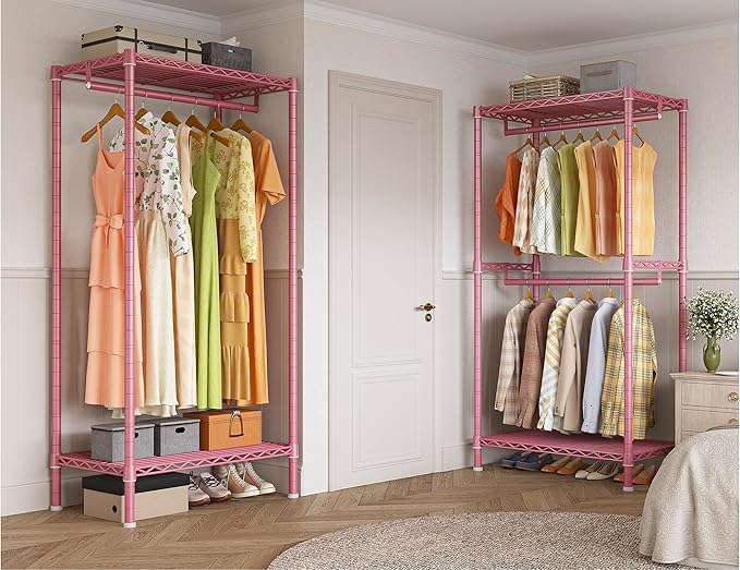 Raybee Clothes Rack Heavy Duty Clothing Racks for Hanging Clothes Adjustable Wardrobe Closet Hanging Clothes Rack Garment Rack, Pink, 13.9" D x 70.6" W x 77" H