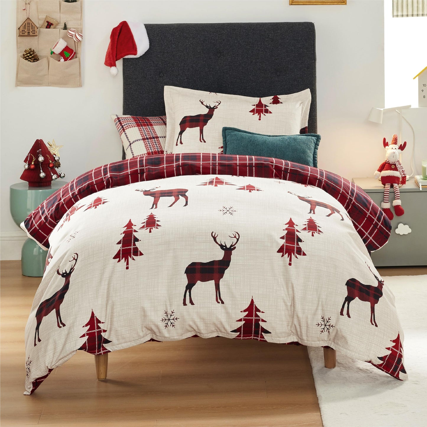 Bedsure Twin Size Christmas Duvet Cover Set - Festive Kids Bedding Set with a Reversible Buffalo Check Christmas Plaid Design, Includes 1 Duvet Cover and 1 Pillow Sham (Twin, Reindeer)