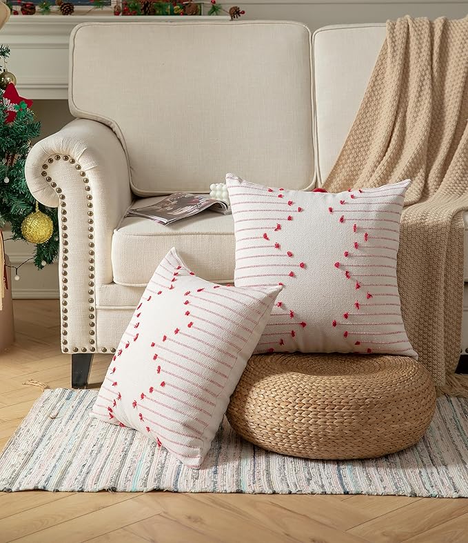 Caflife Boho Christmas Throw Pillow Covers 18x18 Set of 2, Holiday Christmas Decorative Pillow Covers Beige with Red Line for Modern Farmhouse Couch Sofa Bedroom Living Room Outdoor