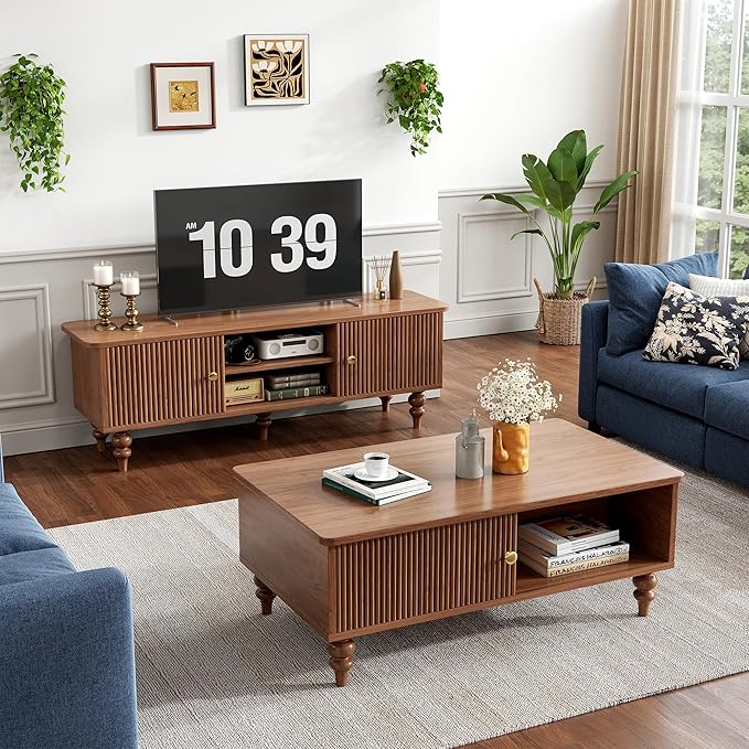 Modern Coffee Table, Mid-Century Wooden Center Table with Open Storage Shelf, Farmhouse Wooden Storage Coffee Table for Home and Office Décor, Walnut Oak