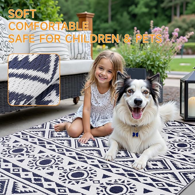 Outdoor Rug Waterproof 6x9 ft, Reversible Outdoor Plastic Straw Rug Patio Rug, RV Rugs for Outside, Outdoor Carpet for Patio Camping Deck Balcony Backyard, Blue & White