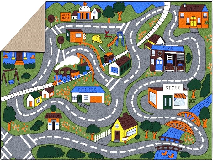 Ottomanson 5' x 6'6" Kids Road Map Rug - Interactive City Traffic Play Mat for Toy Cars - Perfect for Playroom, Bedroom, Daycare & Classroom - Durable & Non-Slip for High-Traffic Areas, Multicolor