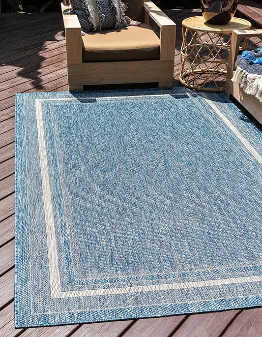 Unique Loom Outdoor Border Collection Area Rug - Soft Border (10' x 13' Rectangle, Blue/ Ivory)