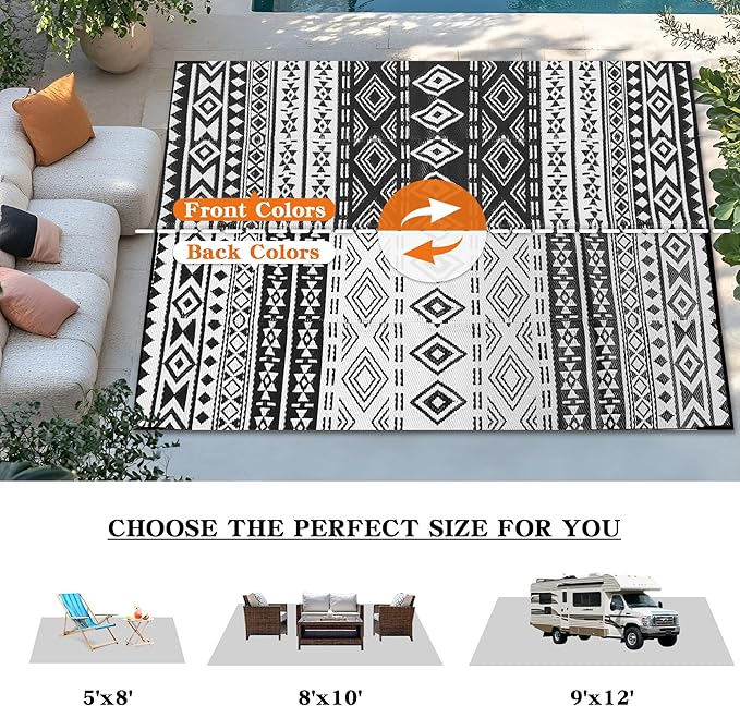 Wallona Outdoor Rugs 8x10 ft Patio Waterproof Clearance Indoor Outdoor Large Carpet for Patio Plastic Straw Reversible Area Rugs Mat for RV, Camping, Balcony, Beach, Picnic, Porch, Boho Black & White