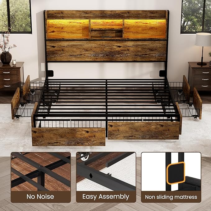 Queen Storage Bed Frame with 6 Drawers, USB Charging Station, No Noise, No Box Spring Required, Vintage Brown Headboard Platform Bed