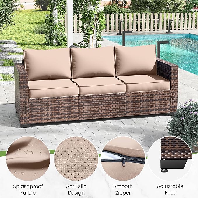 Amopatio Patio Couch, 2-Seat Outdoor Furniture, Wicker Porch Furniture Outdoor Couch Sofa with Water-Resistant Cover & Non-Slip Cushions, Premium Patio Set, Khaki
