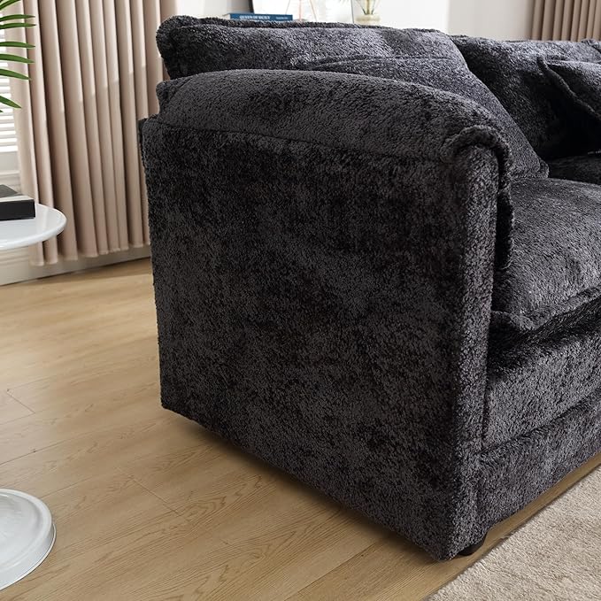 KEIKI 112" L-Shaped Chenille Modular Sectional Chenille Sofa with 1 Movable Ottoman & Memory Foam Cushion, Upholstered Oversized 4-Seater Couch, Easy Assembly, for Apartment, Living Room, Black