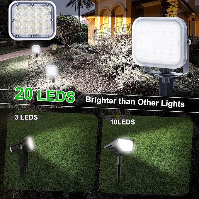 Solar Spot Lights Outdoor, 20 LED IP65 Waterproof Landscape Lighting, Dusk-to-Dawn 6000K Cold White Spotlights for Yard Garden Driveway Porch Walkway, 2-in-1