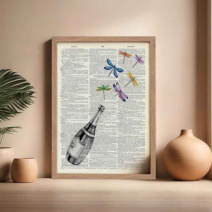 Poster Master Dictionary Art Poster - Champagne Bottle Print - Dragonfly Art - Alcohol Art - Gift for Men, Women & Bartender - Great Decor for Bar, Kitchen or Restaurant, 16x20 Beige Framed