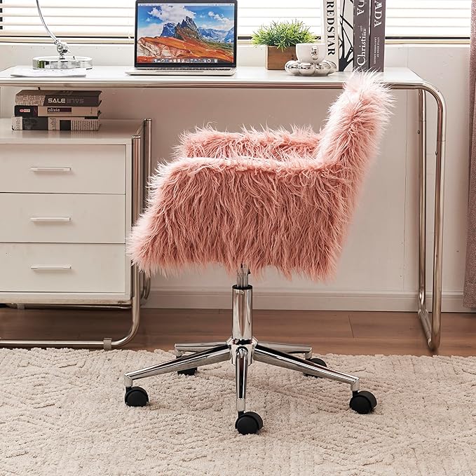 Goujxcy Fluffy Desk Chair, Pink Faux Fur Vanity Chair Swivel Office Chair for Girls Women, Height Adjustable Cute Plush Furry Makeup Chairs for Bedroom Home Office