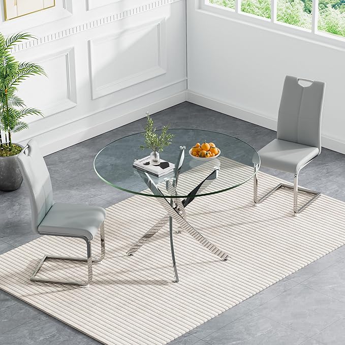 Goujxcy 3 Pieces Round Dining Table Set for 2, Modern Silver Glass Kitchen Table and Chairs for 2 with Upholstered Chairs, Circle Coffee Dining Table Set for Small Space,Apartment,Office