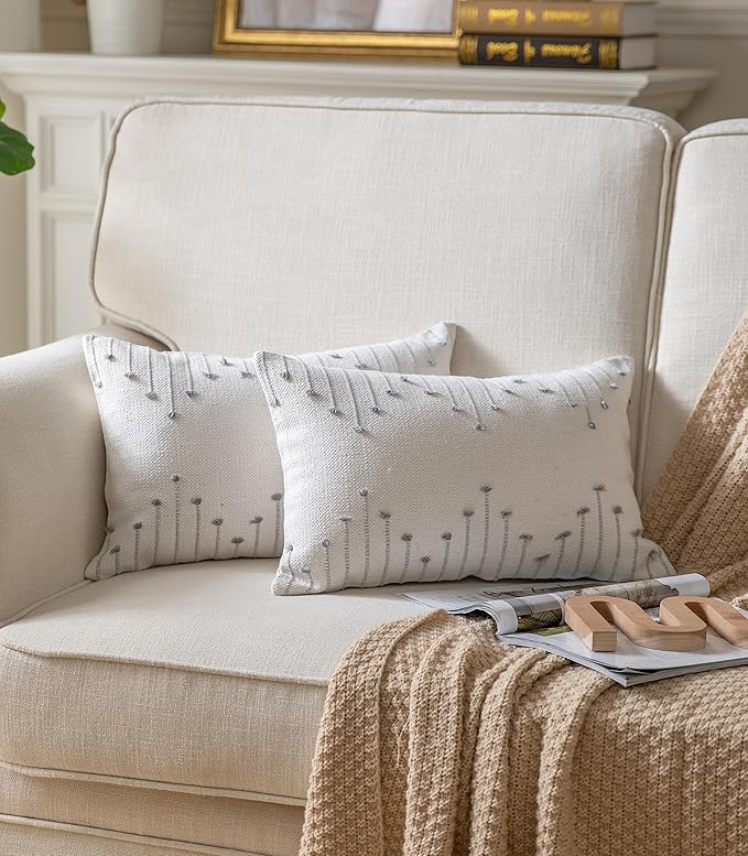 Caflife Boho Throw Pillow Covers 12x20 Set of 2 Decorative Pillows for Bed and Sofa, Beige with Grey Line Throw Pillows for Modern Farmhouse Couch Living Room