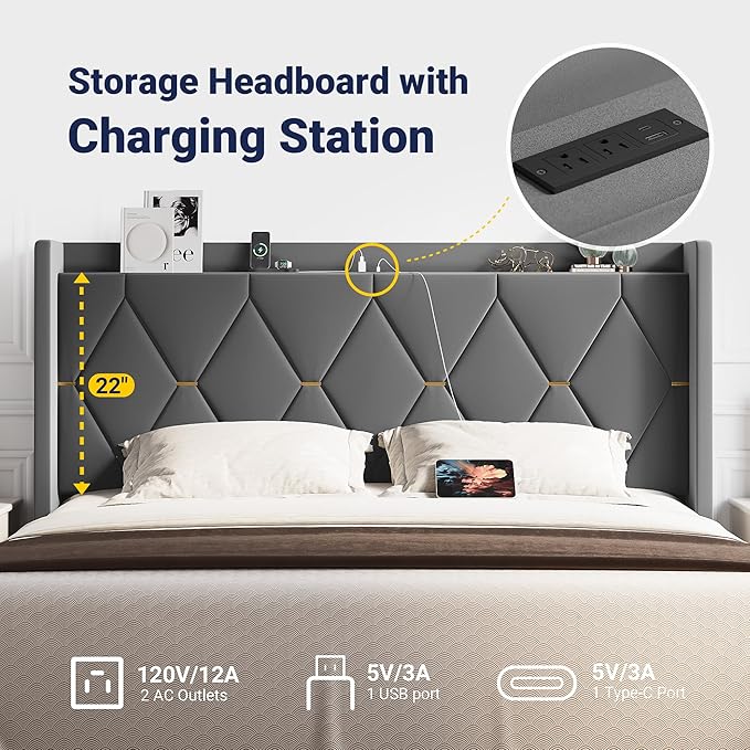 Allewie Velvet King Size Upholstered Bed Frame with Wingback Storage Headboard & Charging Station, Platform Bed with Diamond Tufted Design & Gold Trim, No Box Spring Needed, Easy Assembly, Grey