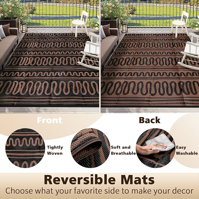Beeiva Outdoor Rug 8x10 Patio Waterproof, Reversible 8x10 Outdoor Rug for Patio, Washable Outdoor Plastic Straw Rug for Deck, Balcony, Backyard, Porch, Camping, Picnic - Black/Brown