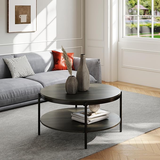 Manora Round Coffee Table with Storage Shelf, Rustic Wood Center Table with Black Metal Frame, Modern Circle Living Room Table for Small Spaces (Gray)