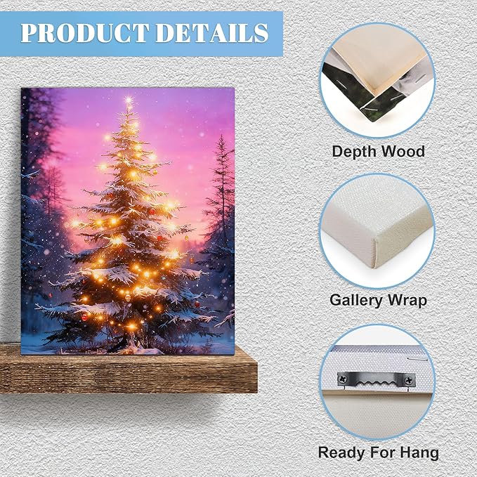 Framed Christmas Pictures Wall Decor,Vintage Pine Tree Prints,Winter Christmas Canvas Wall Art Decoration for Bedroom Bathroom Living Room Rustic Xmas Holiday Gifts (Christmas Tree 18, 12'' X 16'')