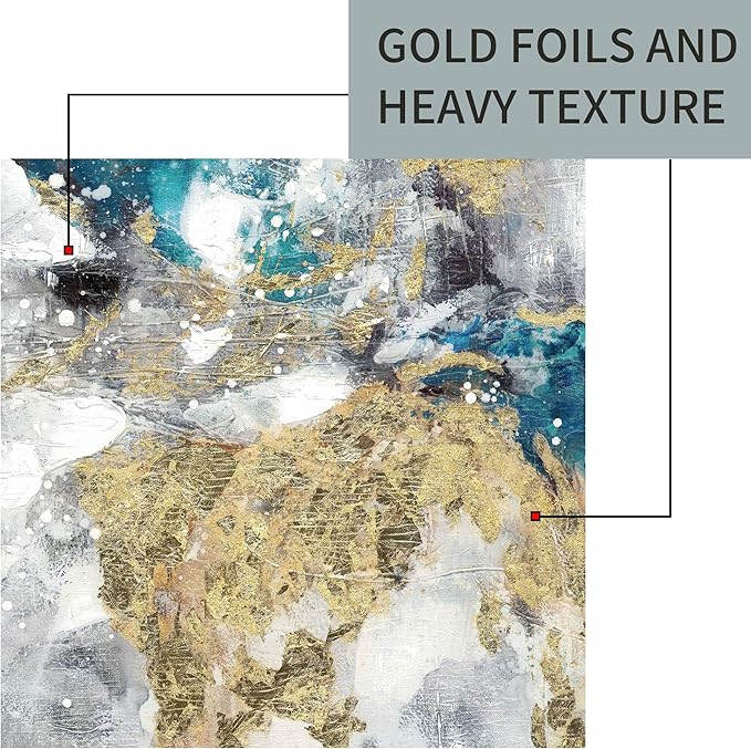 Abstract Teal Blue Canvas Wall Art: Gray White Colorful Minimalist Artwork Modern Glitter Gold Foil Painting for Bedroom