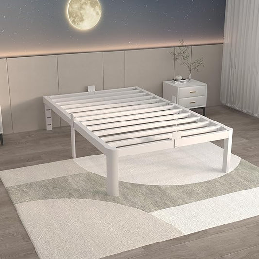 ITIMIDI 14 Inch Twin White Bed Frames, Metal Twin Platform Bed Frame with Round Corner Legs, Heavy Duty Steel Support 3500 LBS, Storage Space, No Box Spring Needed, Noise Free, Easy Assembly