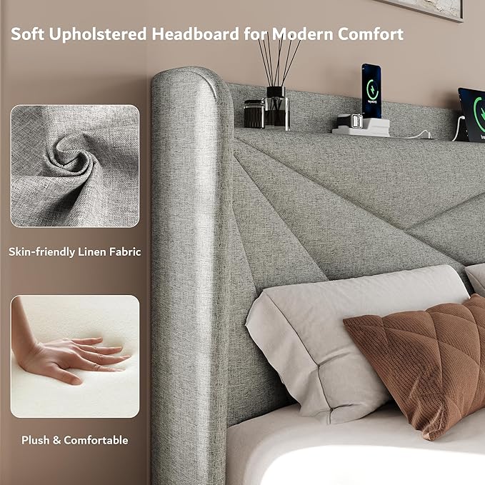 iPormis Full Size Bed Frame with Charging Station, Linen Platform Bed Frame with Wingback Headboard Upholstered Bedframe, Solid Wood Slats Support, No Box Spring Needed, Easy Assembly, Light Grey