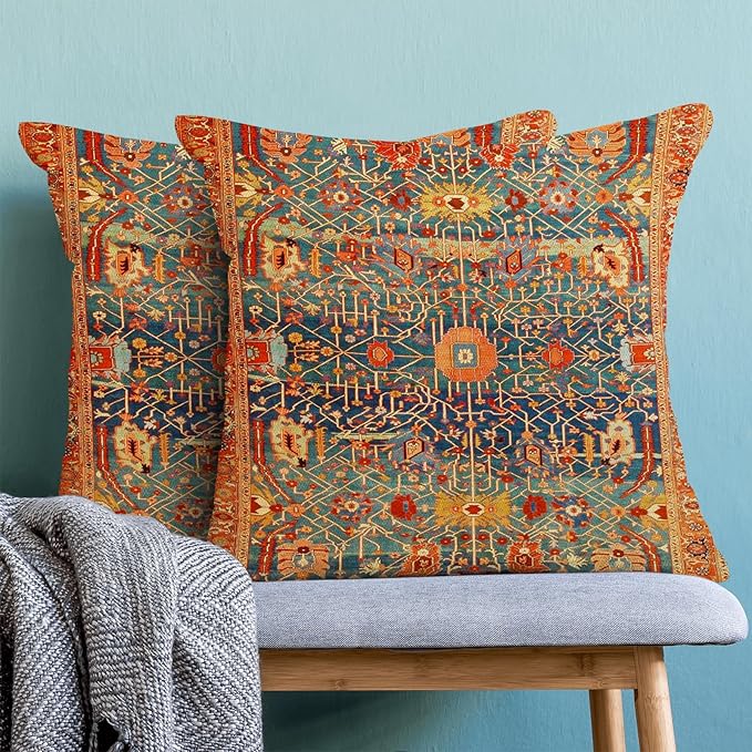 Boho Pillow Covers 20x20 Set of 2, Red Bohemian Ethnic Design Decorative Throw Pillow Covers Farmhouse Cushion Pillow Covers for Sofa Couch Outdoor
