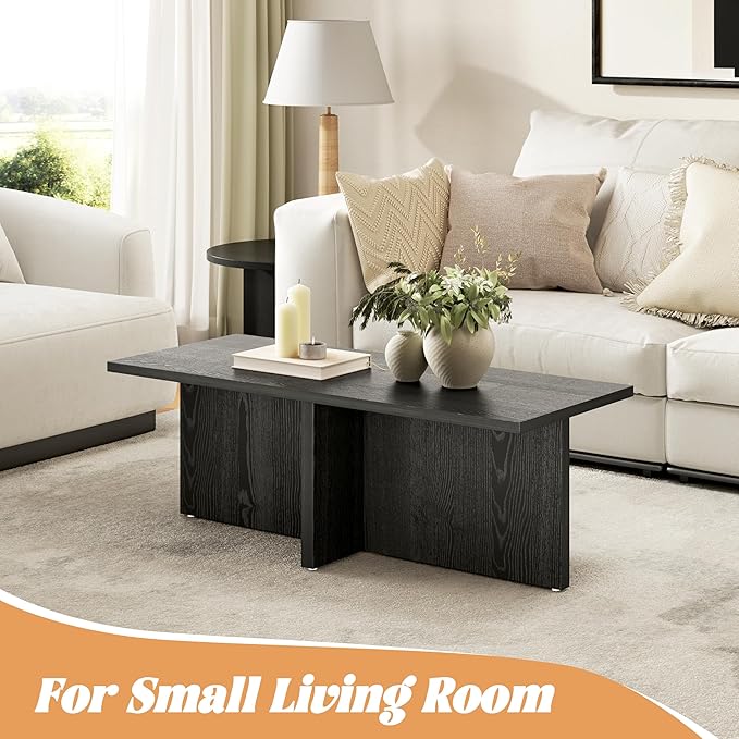 Luoxiao Rectangle Coffee Table for Living Room 47 inch Wood Modern Center Accent Table Minimalist Small Rectangular Cocktail Table Black, Space Saving, Easy Assembly