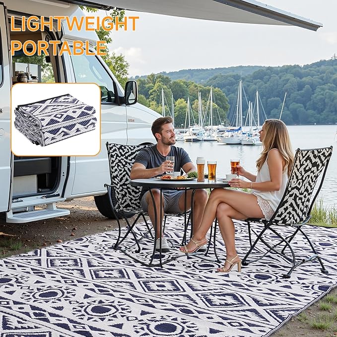 Outdoor Rug Waterproof 8x10 ft, Reversible Outdoor Plastic Straw Rug Patio Rug, RV Rugs for Outside, Outdoor Carpet for Patio Camping Deck Balcony Backyard, Blue & White