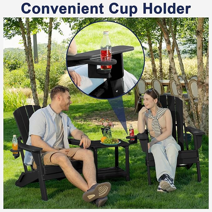 Plawdlik Folding Adirondack Chair, SGS Tested, Wooden Textured with Cup Holder, Heavy All-Weather HDPE Comfortable Set Poolside Backyard Lawn Black