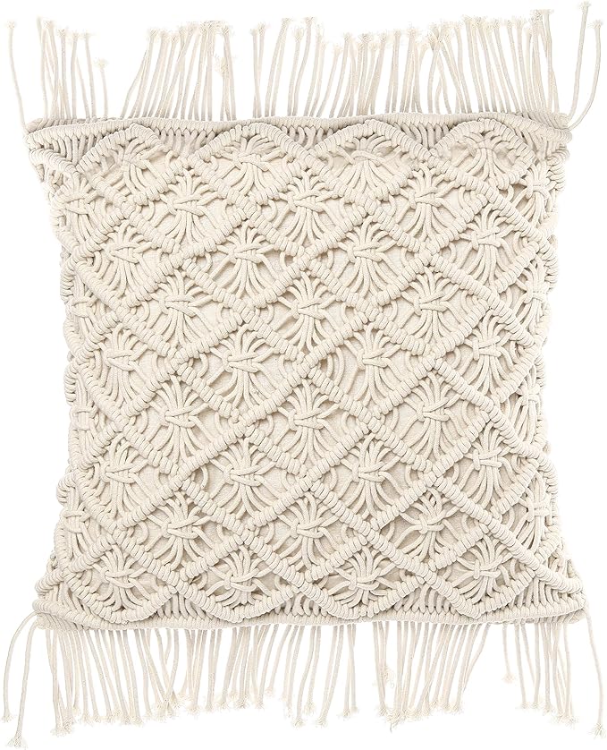 REDEARTH · Macrame Throw Pillow Cushion Covers-Woven Decorative Farmhouse Square Cases Set for Couch, Sofa, Bed, Farmhouse, Chair, Dining, Patio, Outdoor, car; 100% Cotton (18x18; Natural) Pack of 2