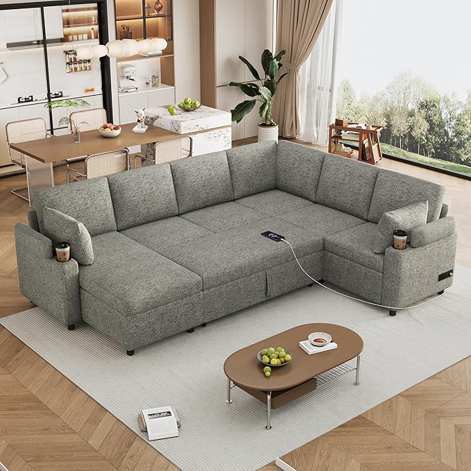 Ball & Cast 109.9" Sectional Sofa with Pull Out Bed, Chenille Upholstered Sleeper Sofa Bed with Storage Chaise, Convertible U Shaped Couch with Two Cup Holders and Charging Ports ，Light Grey