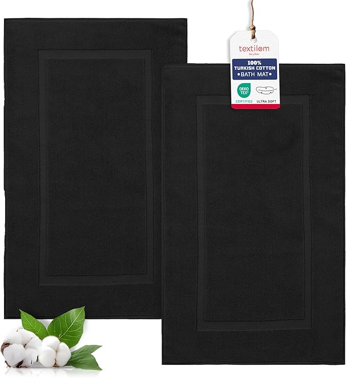 TEXTILOM Luxury 2 Pack Banded Cotton Bath Mats for Bathroom Floor [ Hotel, Spa, Tub, Shower Bath Mat Floor Towel Set ], Machine Washable & Soft & Absorbent & Quick Dry (20''x34'')- Black