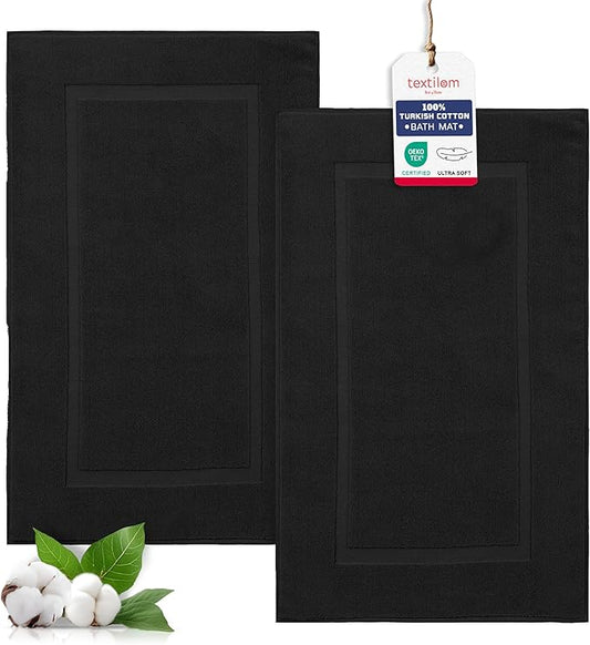 TEXTILOM Luxury 2 Pack Banded Cotton Bath Mats for Bathroom Floor [ Hotel, Spa, Tub, Shower Bath Mat Floor Towel Set ], Machine Washable & Soft & Absorbent & Quick Dry (20''x34'')- Black