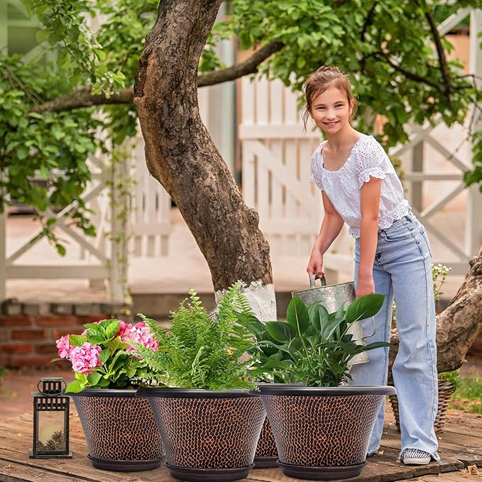 Quarut 12 Inch Pots for Plants,4 Pack Large Flower Pots with Drainage Hole & Saucer,Modern Planters for Indoor Outdoor Plants,Decorative Resin Garden Pots Brown