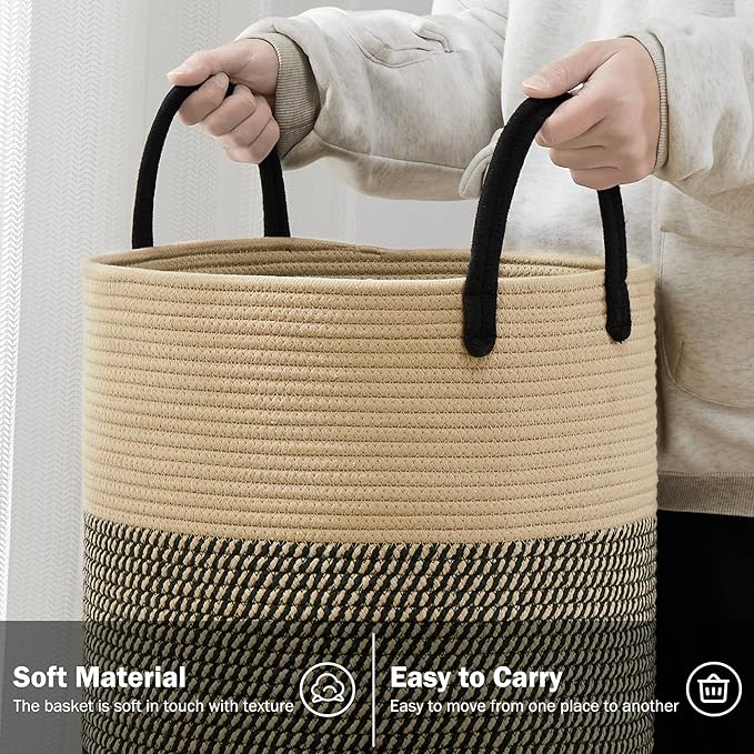 Woven Rope Laundry Hamper Basket, 58L Tall Laundry Basket for Blanket Organizer- Clothes Hamper for Bedroom Storage, Baby Kids Nursery Hamper-Large-Black & Brown