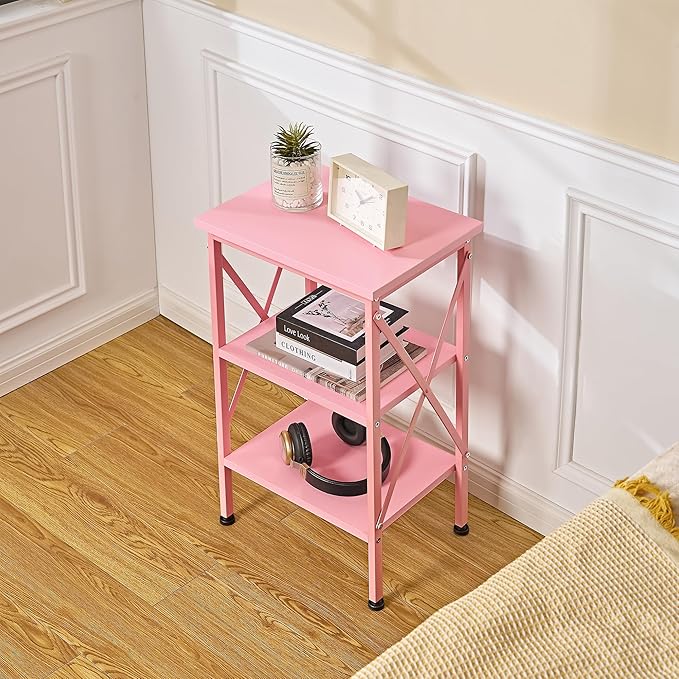 VECELO End Table Set of 2, Bedside Table, 24" Tall Living Room End Tables, X-Design Reinforced Nightstands, Side Table with 3-Tier Storage Shelves for Small Spaces, Office, Bedroom, Pink