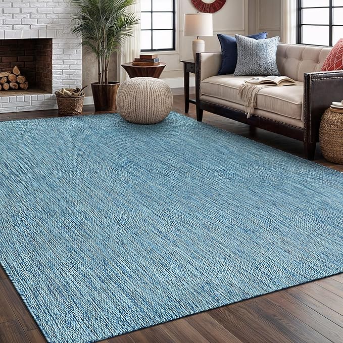 Washable Indoor Outdoor Rug 9x12 Weather Resistant Area Rugs Modern Solid for Porch Deck Balcony Backyard Patio Outside Carpet (9 X 12 Aqua Blue)