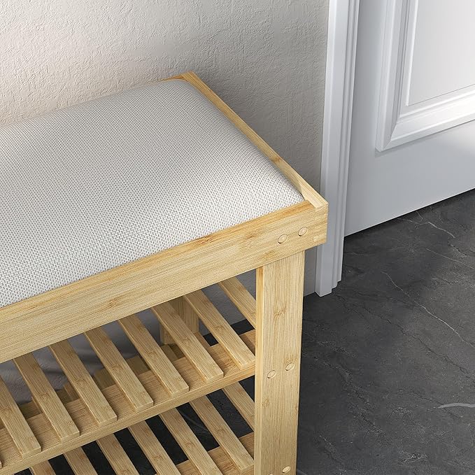 HOMCOM Bamboo Shoe Bench, 3-Tier Entryway Bench with Storage and Cushion, Shoe Organizer for Entryway, Hallway, Holds Up to 331 lbs, 35.4 x 11.4 x 19.3 Inches, Cream White