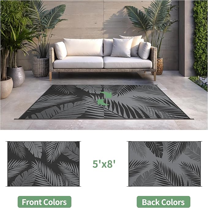 Outdoor Rug 5’x8’ Waterproof for Patio Clearance, Reversible Indoor Outdoor Plastic Straw Camping Rug Carpet, RV Mat, Large Area Rug for Deck, Backyard, Balcony, Porch, Beach, Black & Grey