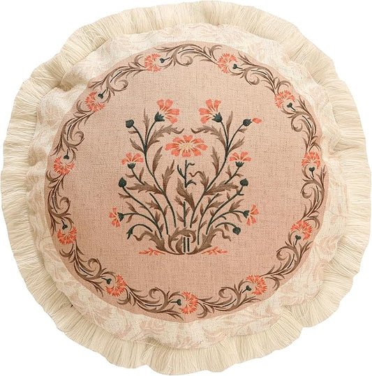 Design Linen Round Throw Pillow Covers Diameter 16", French Country Cushion Covers with Pink Heavy Lilies Floral Pattern Decor Pillowcases for Bed, Living Room, Outdoor, Car