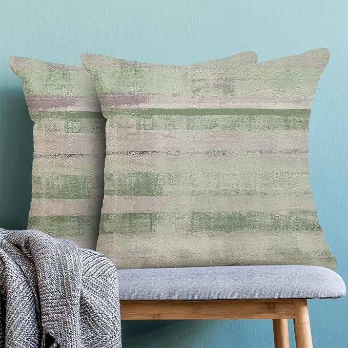 Boho Green Grey Stripe Throw Pillow Covers 18x18 Inch Set of 2, Rustic Abstract Decorative Throw Pillow Covers Retro Stripe Linen Outdoor Cushion Cover for Sofa Couch Farmhouse Room Bed Decor